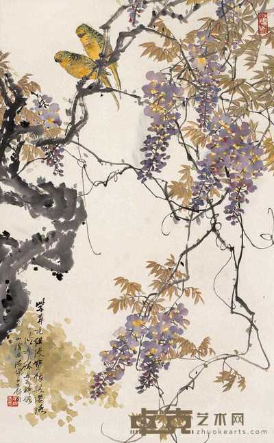 张辛稼 紫藤娇凤图 轴 94×58cm